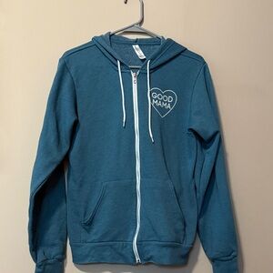 Blue Zip-Up Hoodie with Heart Logo Size M Good Mama Logo